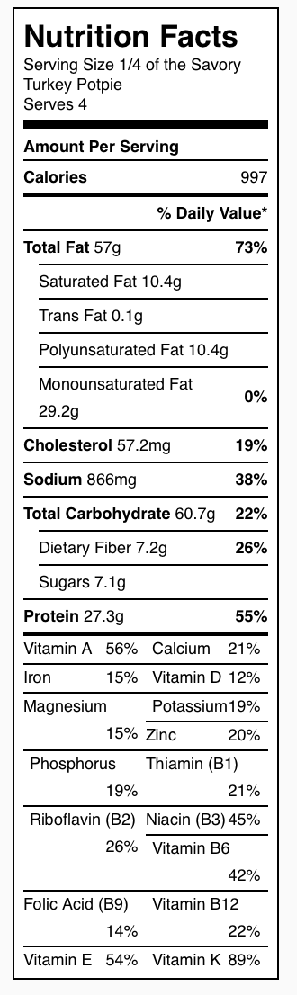 Nutrition Label for Savory Turkey Potpie. Each serving is one-quarter of the pie.