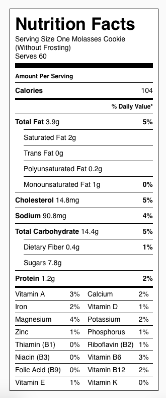 Lost Molasses Cookies Nutrition Label. Each serving is one unfrosted cookie. Delicious!