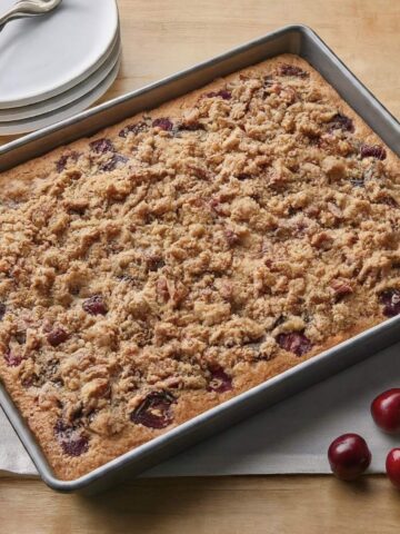 cherry almond coffee cake with pecans