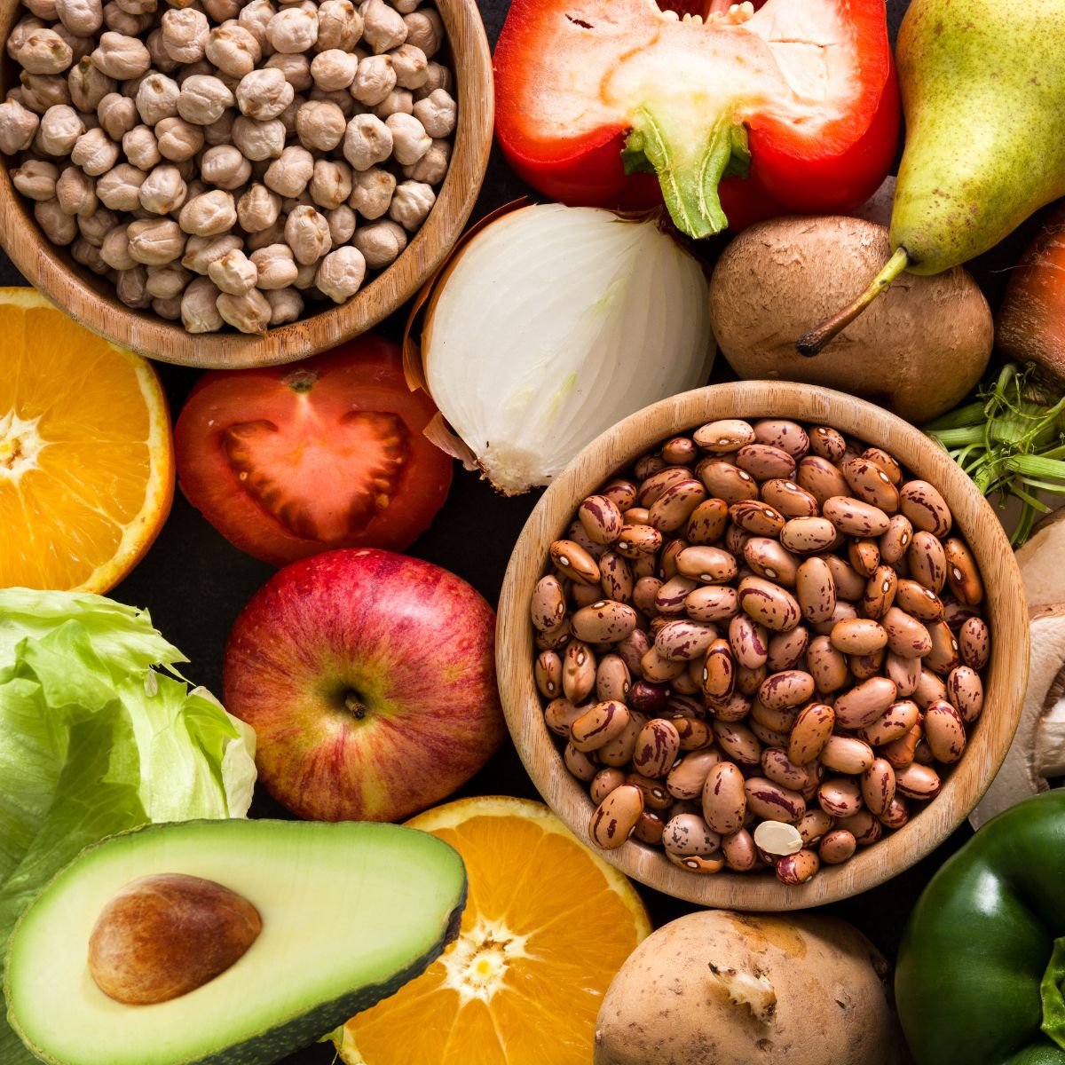 a variety of fruits, vegetables and grains