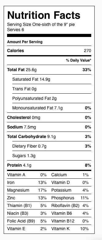 Almost Vegan Key Lime Pie Nutrition Label (does not include crust). Each serving is one-sixth of the pie.