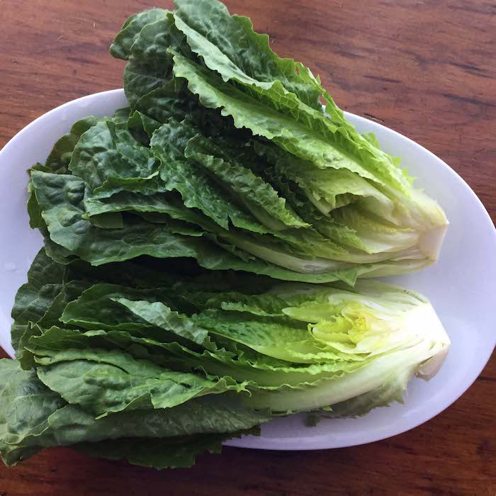 Step 1: Peel off the ugly outside leaves. Wash the lettuce. Cut it in half lengthwise.