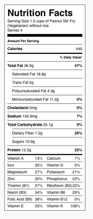 Peanut Vegetarian Stir Fry Nutrition Label. Each serving is about 1-½ cups without rice.