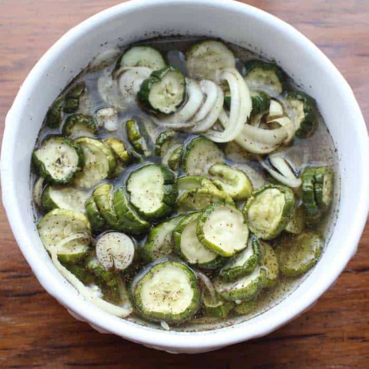 no cook refrigerator pickles in a white bowl