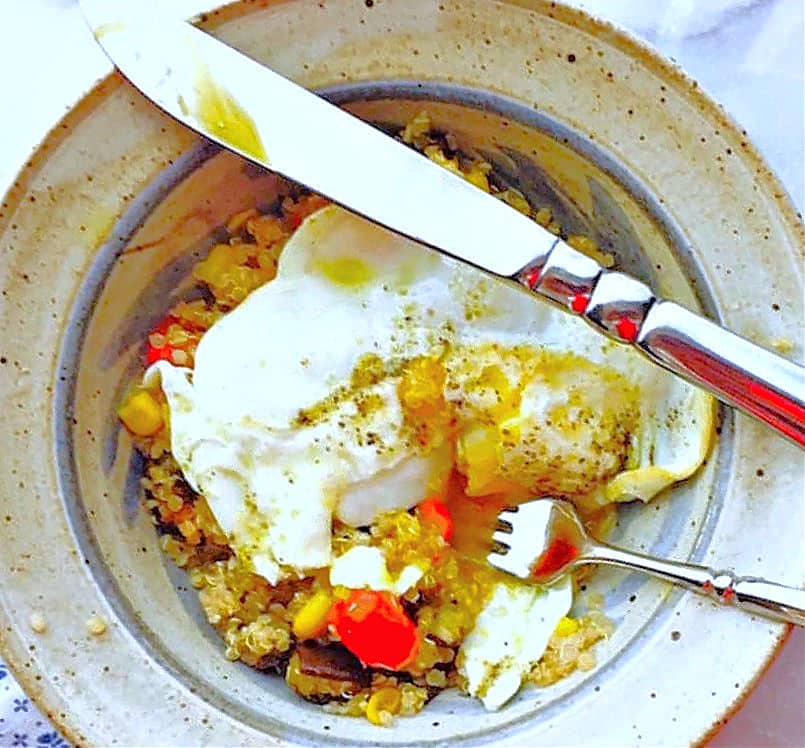 quinoa and eggplant salad with fried egg