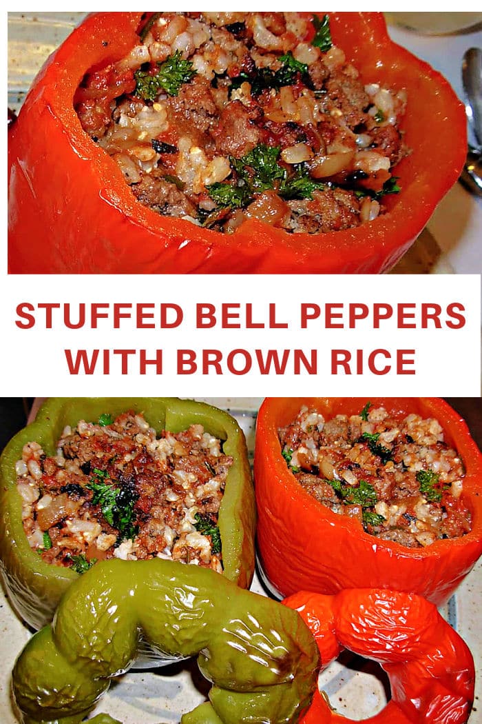 green and red stuffed bell peppers with brown rice