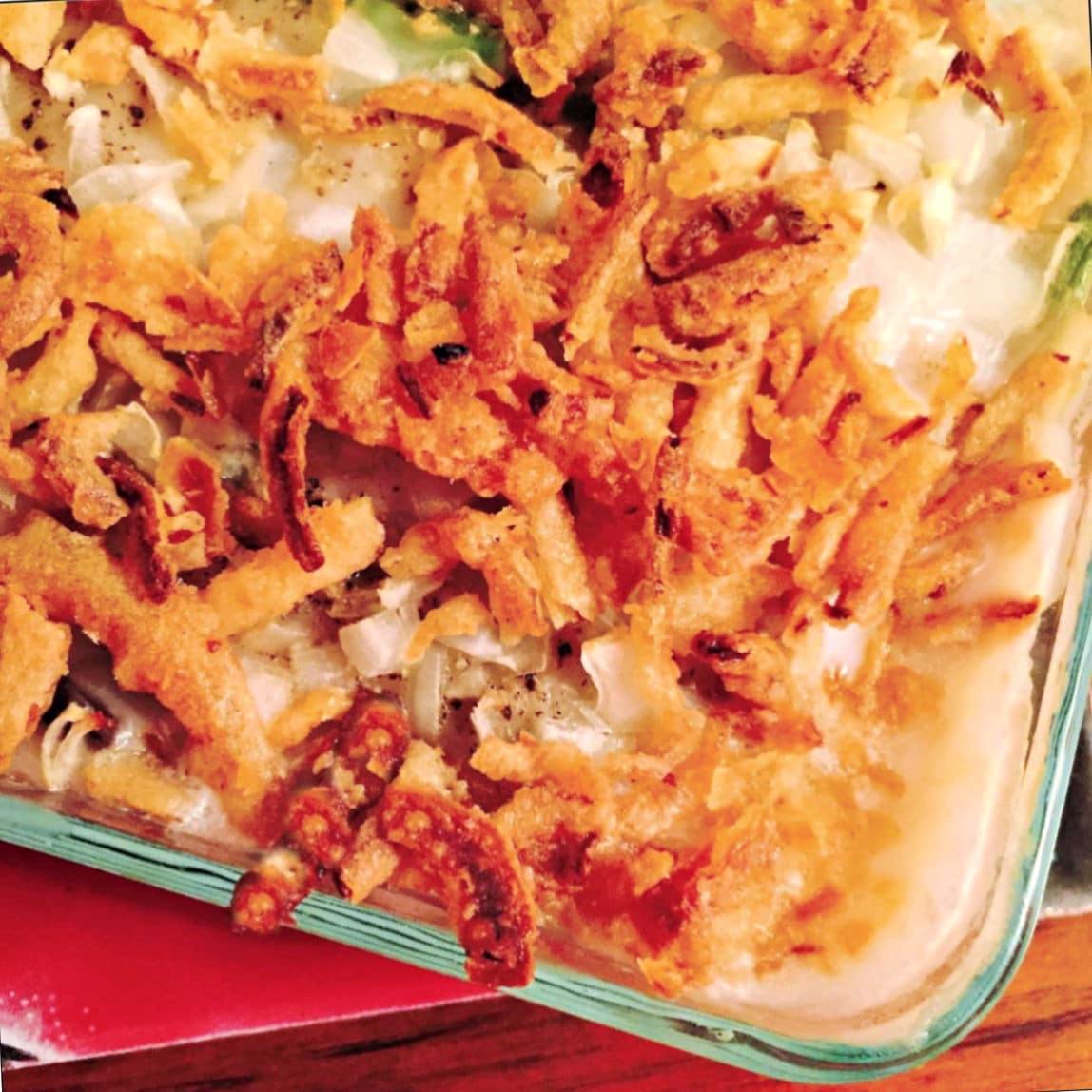 green bean casserole with crispy onions