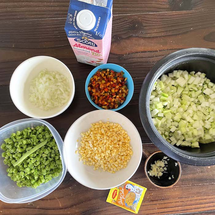 Ingredients for Picadillo de Chayote. I used almond milk, but if you are not sensitive to dairy, you can use cow's milk. Not shown, fresh cilantro.