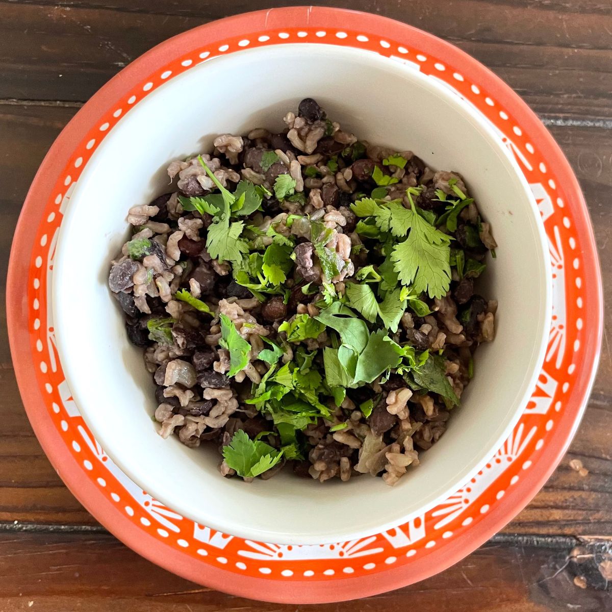 A bowl of Gallo pinto (a dish of rice and beans people eat in Costa Rica).