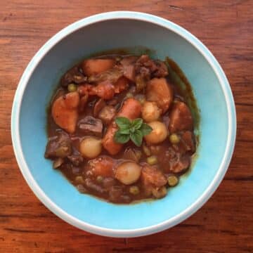 vegetarian bourguignon in a blue bowl