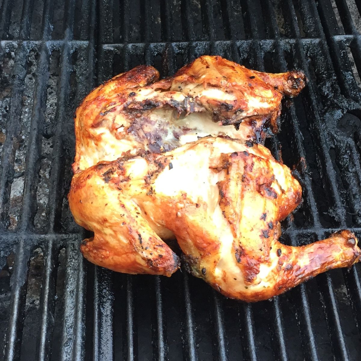 spatchcocked chicken on the grill