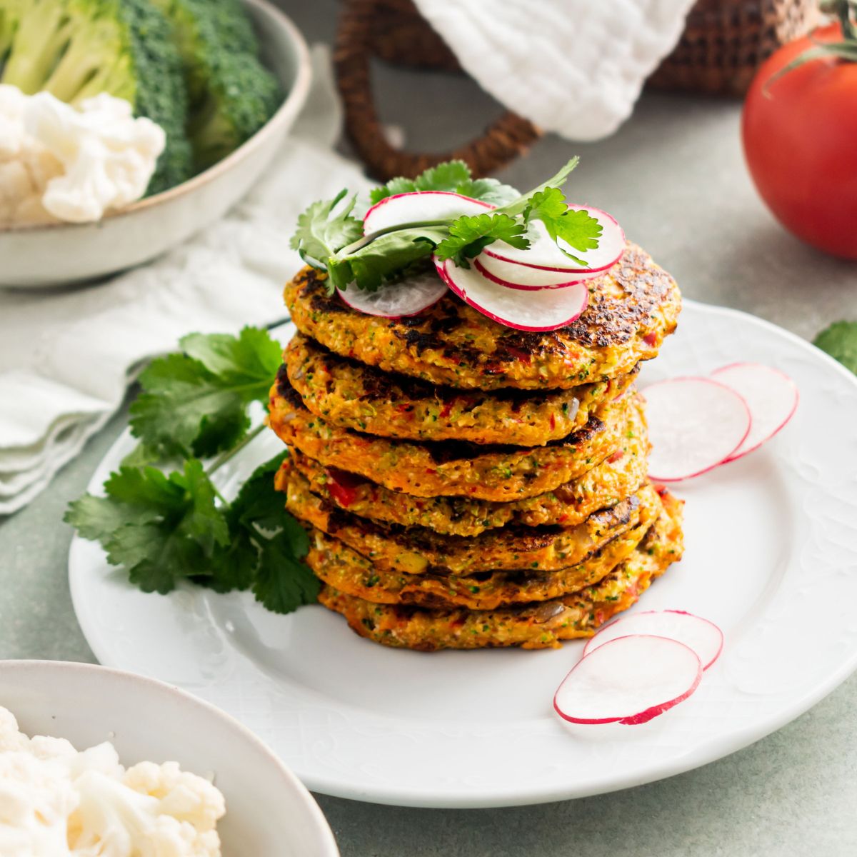 A stack of cauliflower and broccoli fritters on a white plate.