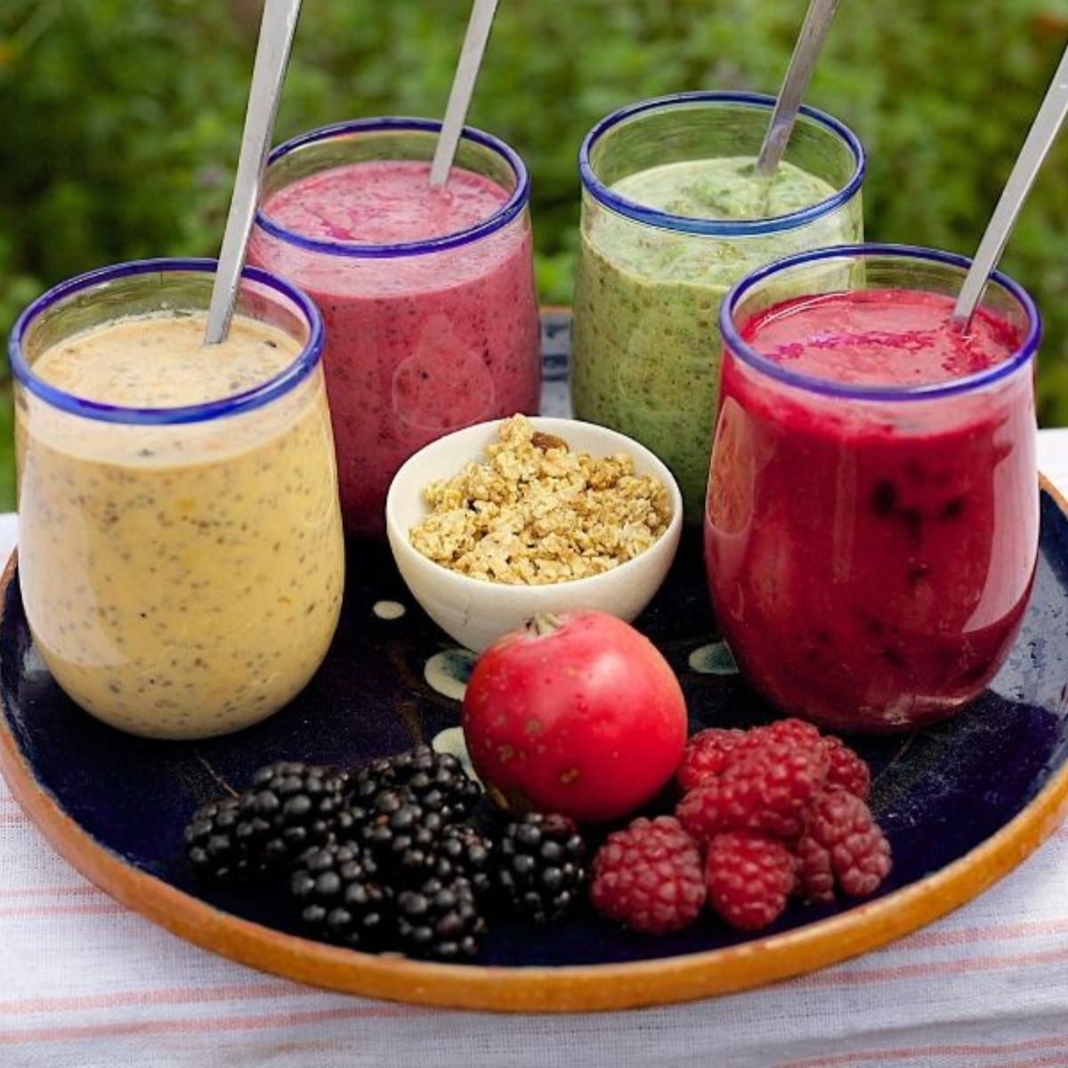 fruit smoothies on a tray