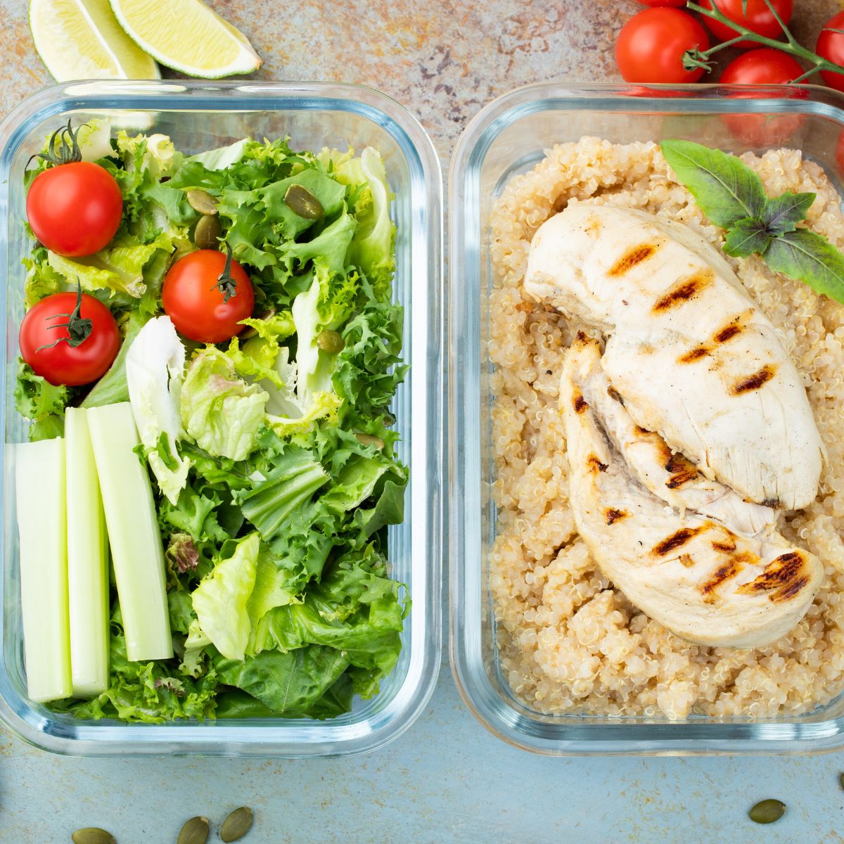 salad meal prep with greens separated from meat