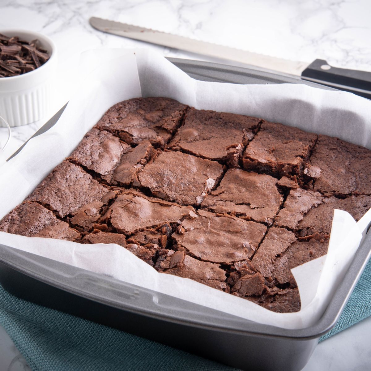 a pan of freshly baked fudge brownies