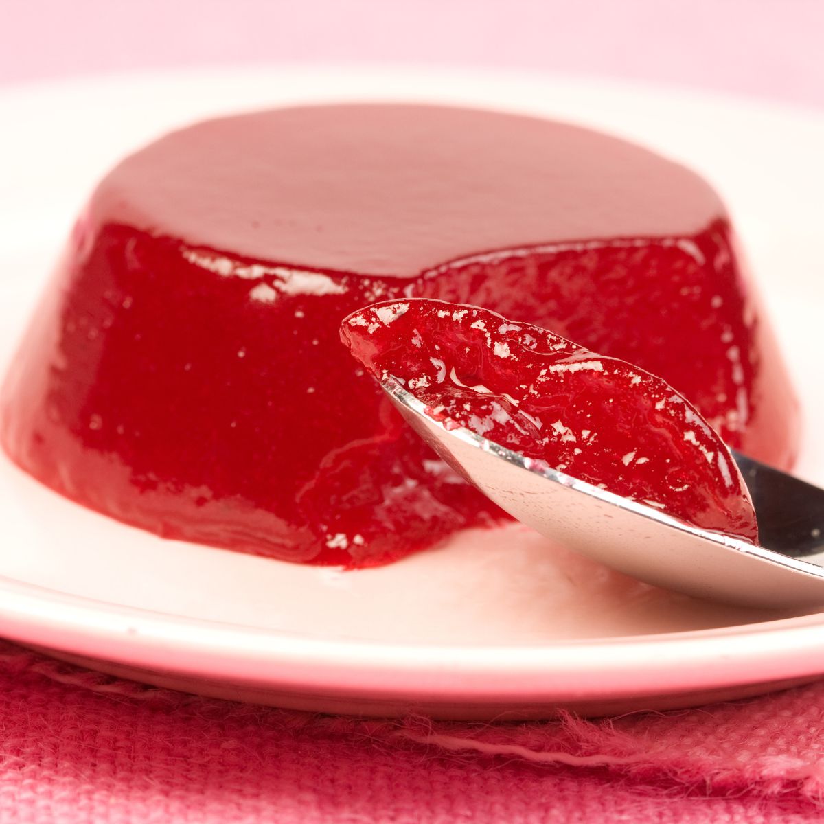 homemade cranberry jelly mold on a white plate, with a spoon next to it.