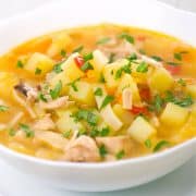 vegetables and turkey soup in a white bowl