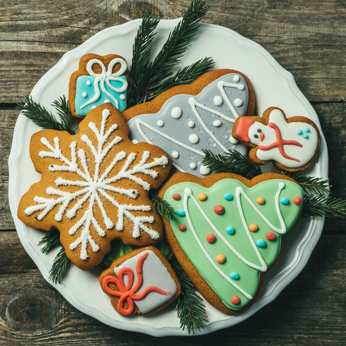 A plate of beautifully decorated Christmas cookies.