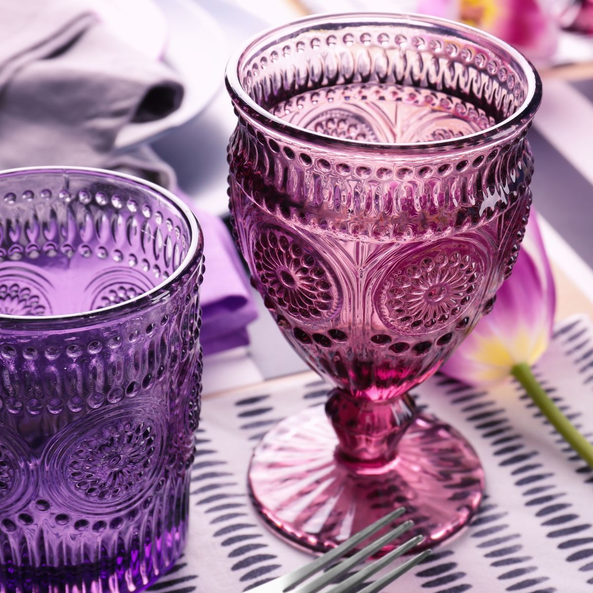 Colored glass dishes.