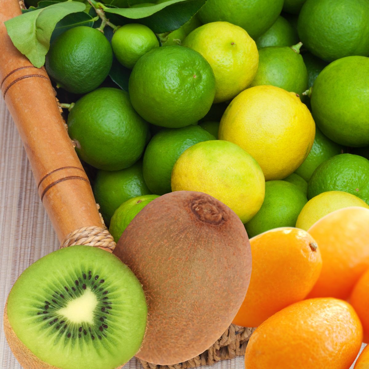 fruits in a basket: kiwi, kumquats, and key limes.