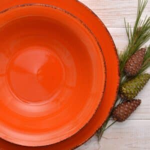 Orange dinner plates and pinecones for decoration.