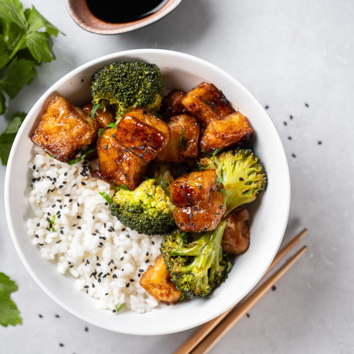 Buddha bowl with rice, chicken and broccoli.