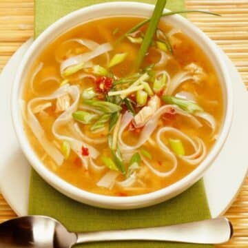 A bowl of chicken noodle soup.
