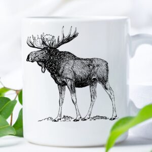 a white mug with a moose design.