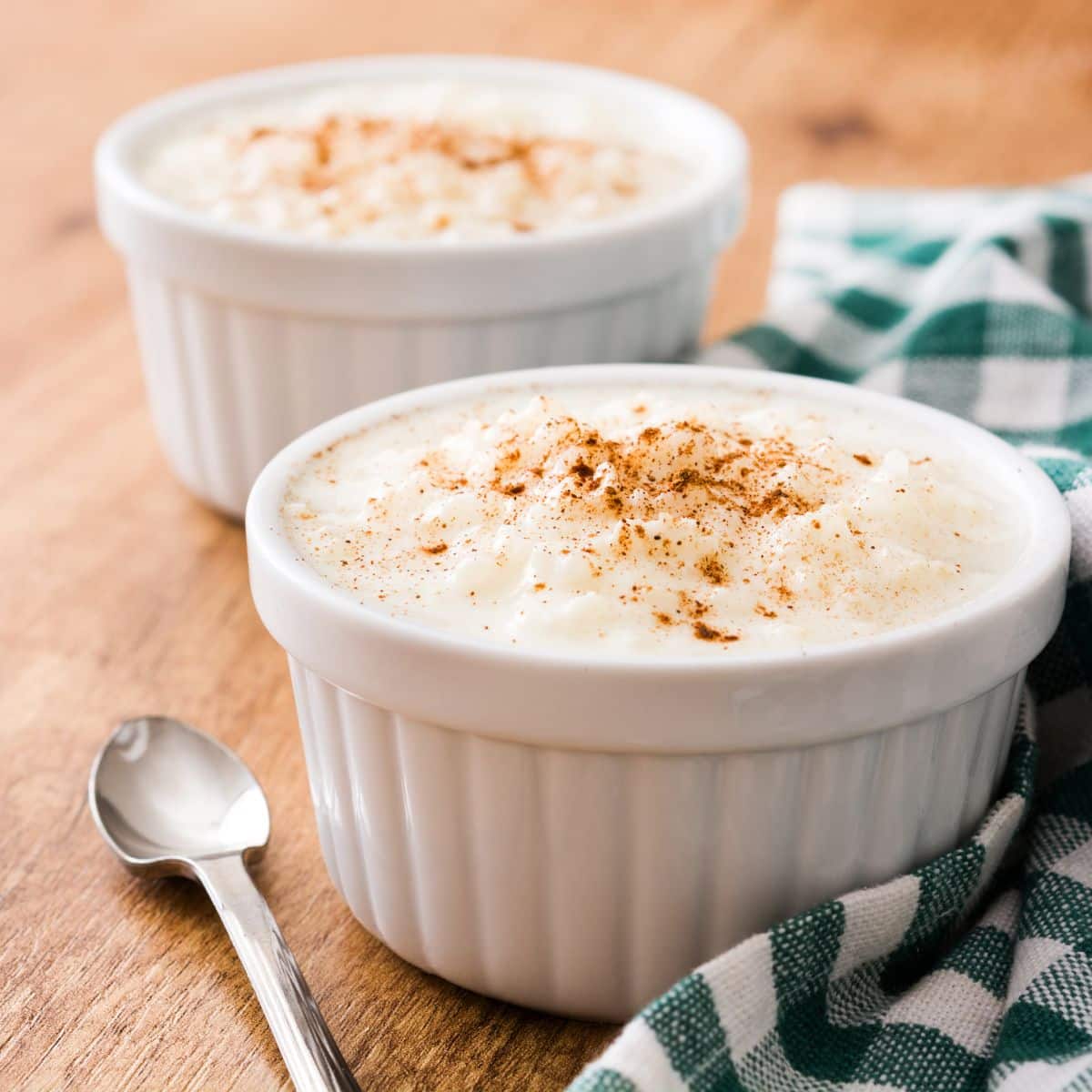 Rice pudding sprinkles with cinnamon.