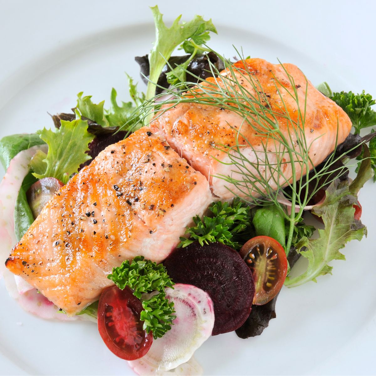 Salmon on a bed of fresh, colorful salad.