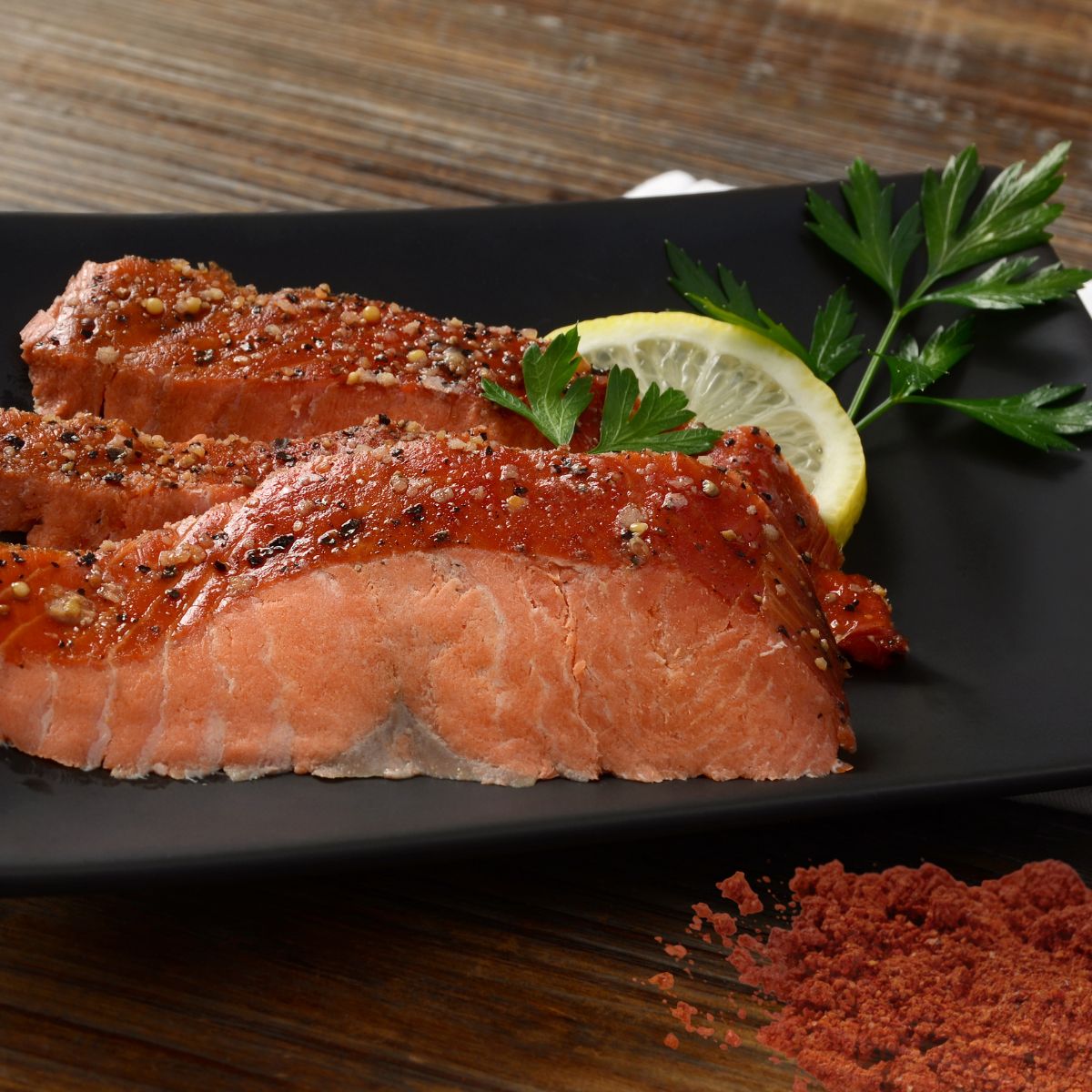 Salmon flavored with smoked paprika.