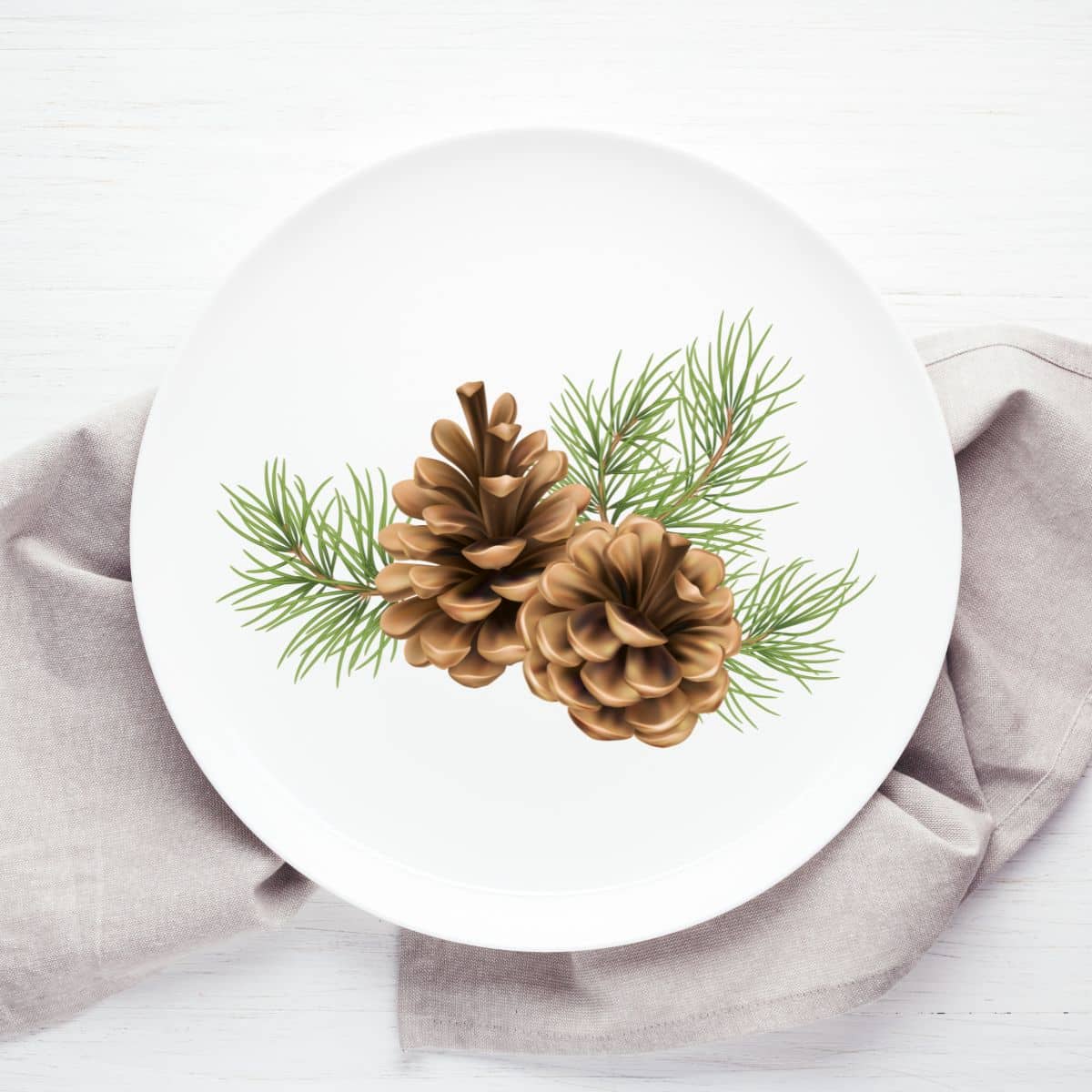 White plate with pinecone design, on a gray kitchen towel. 