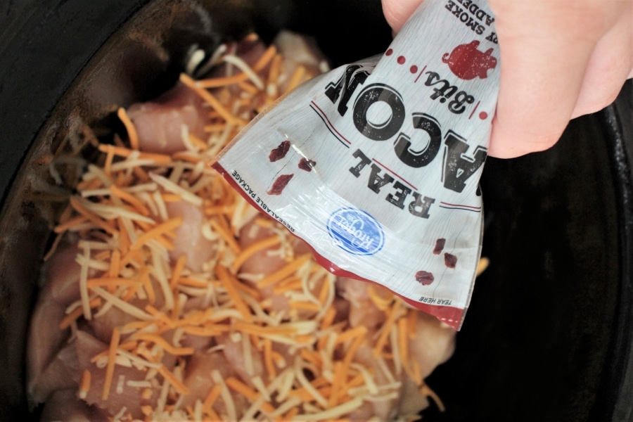 add bacon bites to slow cooker chicken casserold