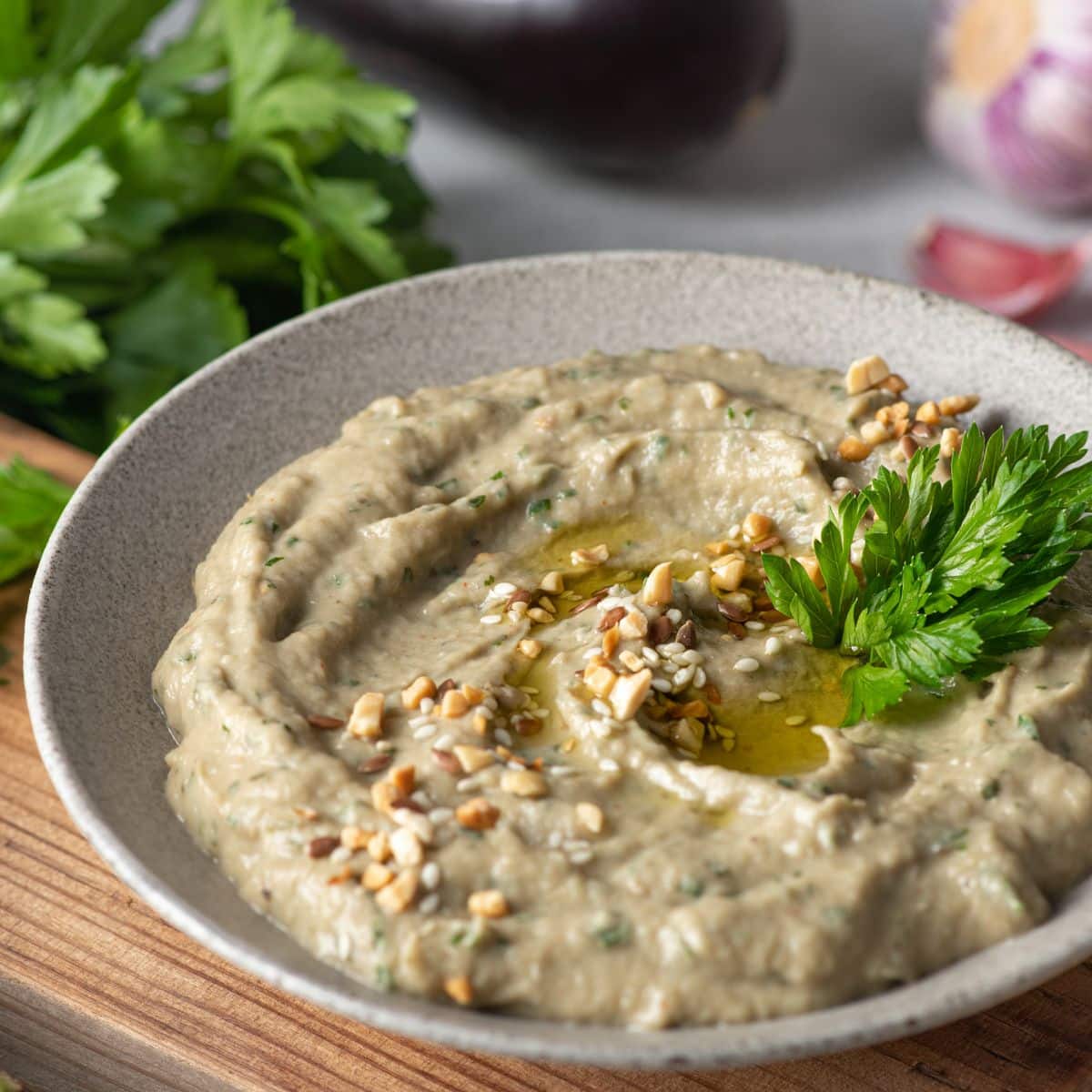 Baba ghanoush in a stone bowl. 