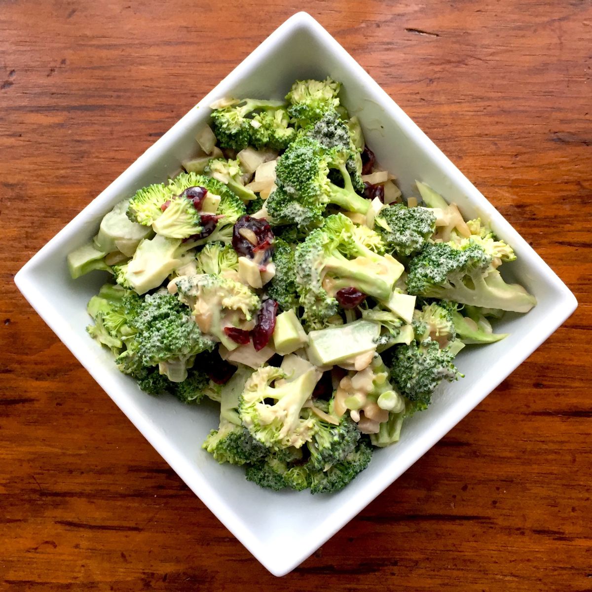 Broccoli salad with raisins and almonds.