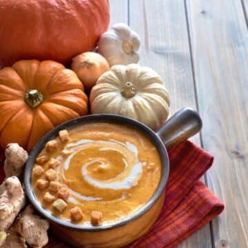 a bowl of soup surrounded by colorful pumpkins.