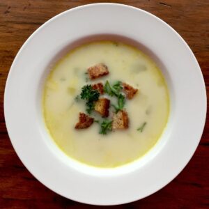 Leek and potato soup with croutons.