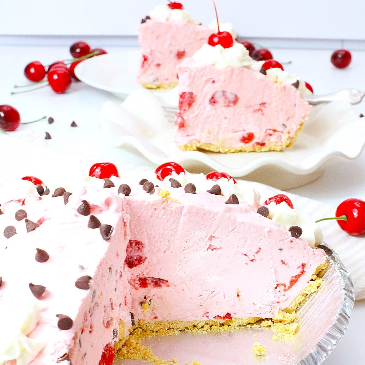 cherry chip pie with cool whip frosting and chocolate chips