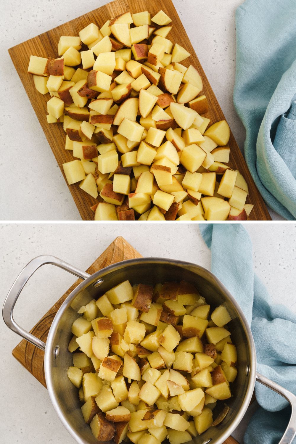 Cubed potatoes on a cutting board and in a pot. 