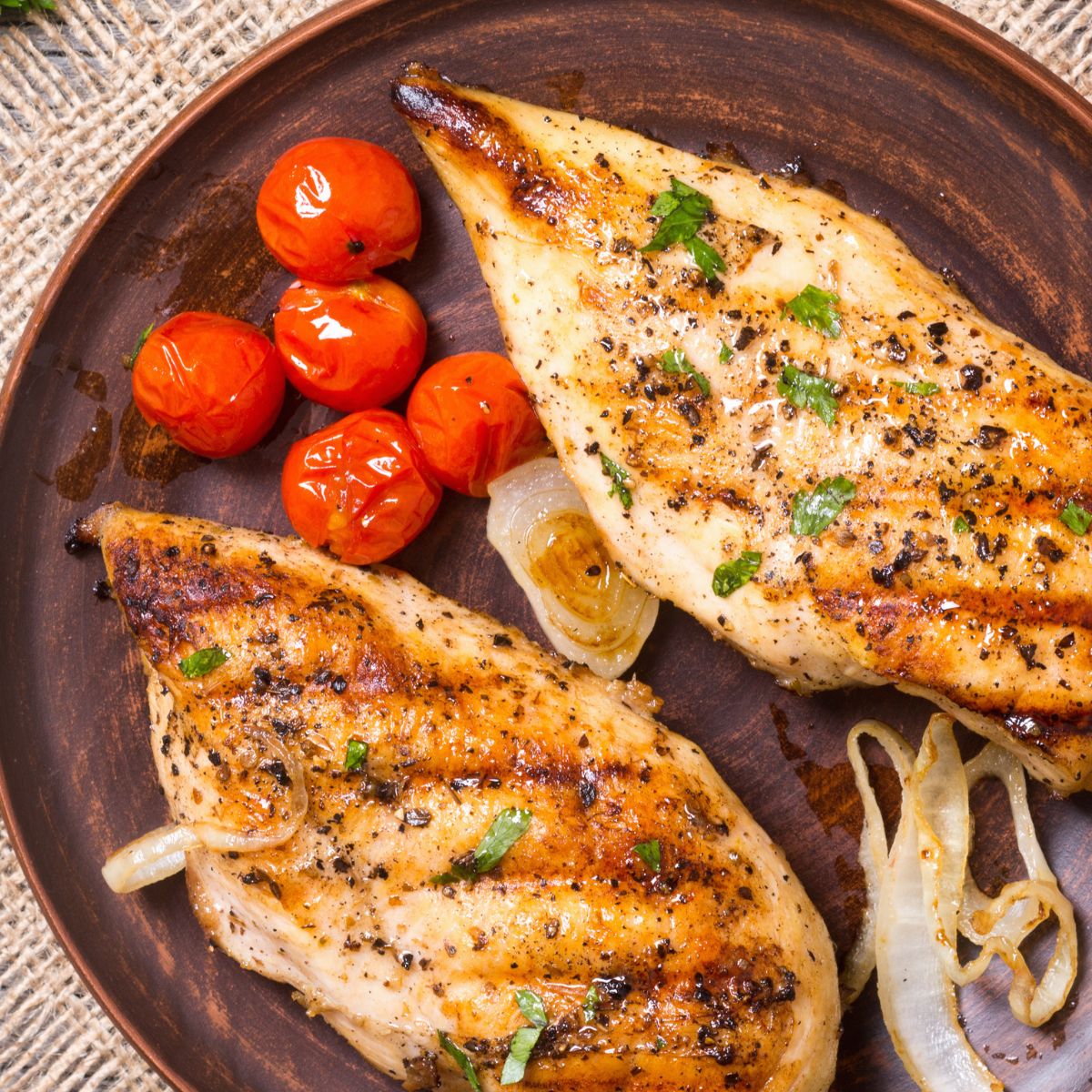 grilled chicken and cherry tomatoes.