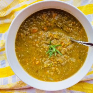 A bowl of chunky sweet lentil soup.