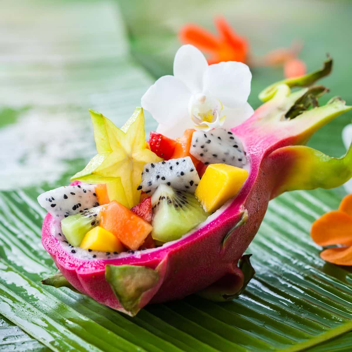 fruit salad arranged in a dragon fruit shell.