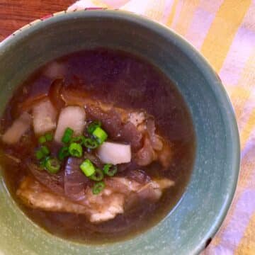 Onion Potato Soup with Dumpling Noodles Made With Caramelized Onions