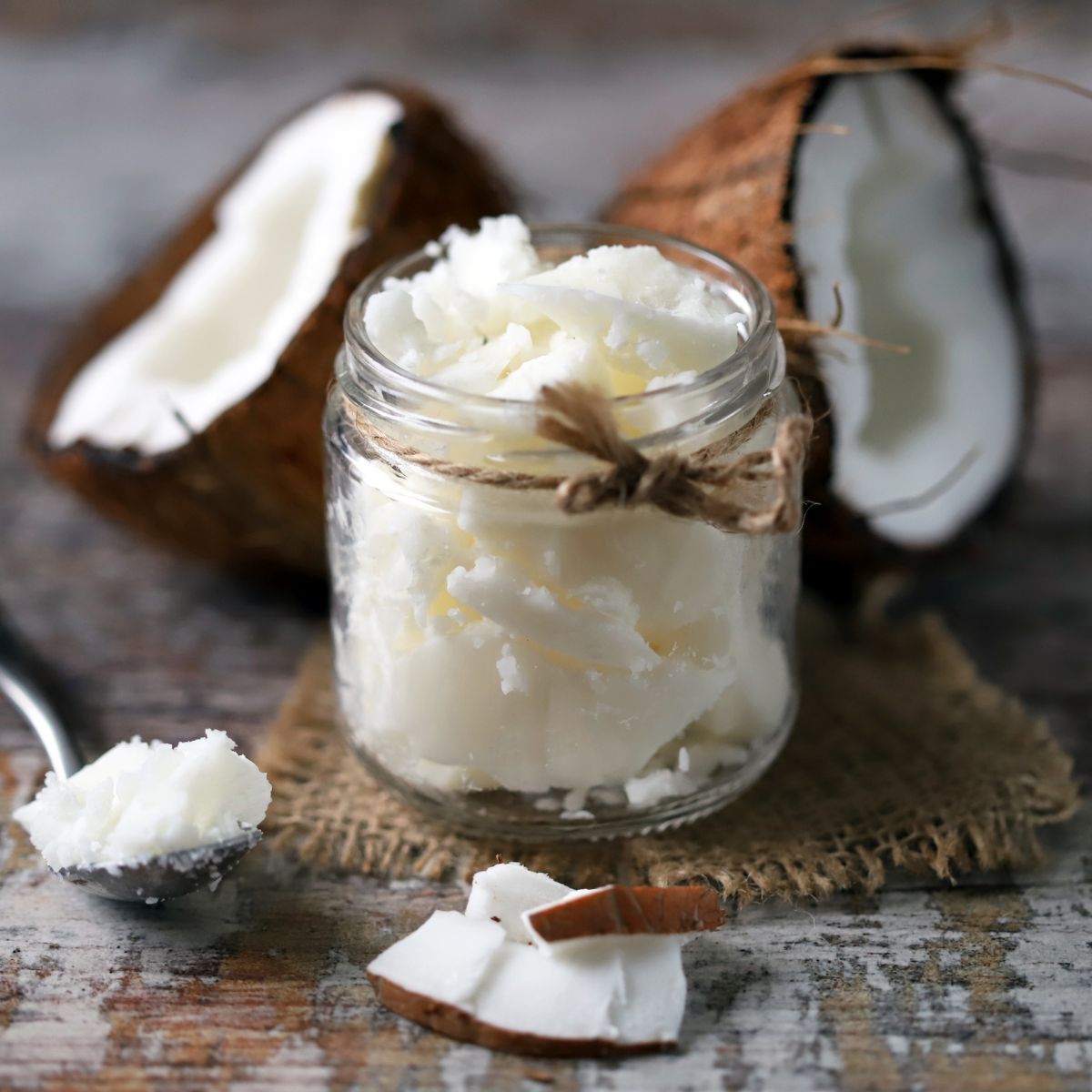 A jar of coconut oil in front of an open coconut. 