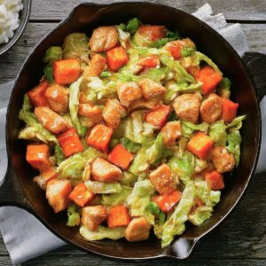 chicken, cabbage, and sweet potato stir fry dish