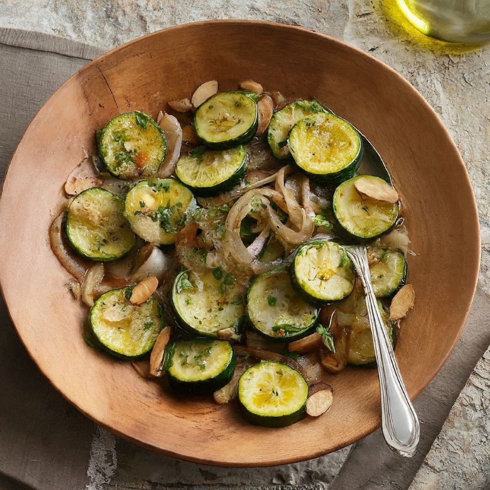 sautéed zucchini with caramelized onions and toasted almonds