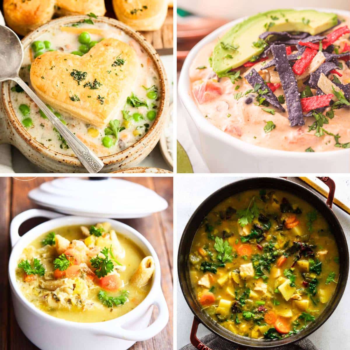 4 image collage with chicken soup recipes