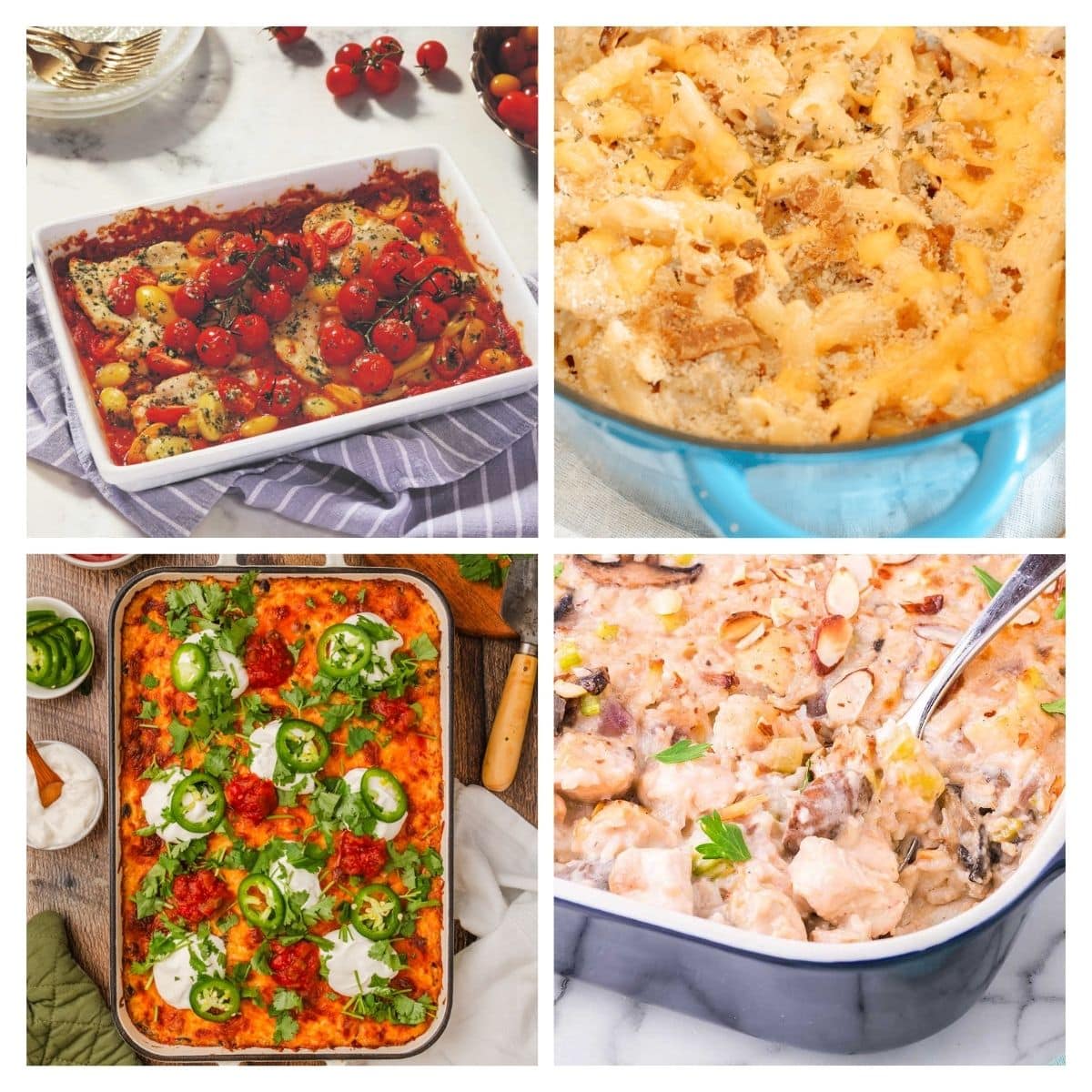 collage with 4 images of chicken casseroles