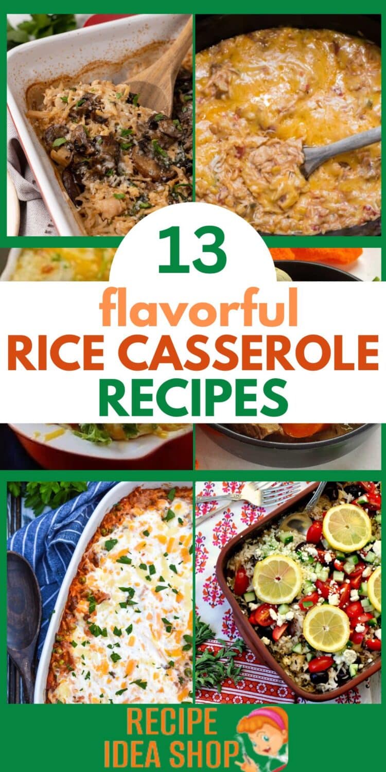 6 image collage with rice casserole recipes and text overlay