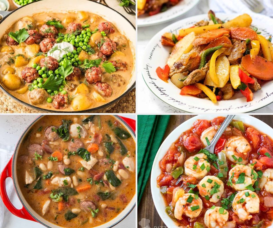 4 image collage with stew recipes